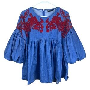 Hemant & Nandita Women's Embroidered Chambray Blouse Boho Anthropologie XS